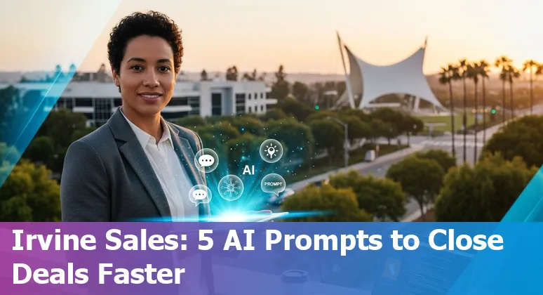 Sales professional using AI prompts on a laptop with Irvine skyline and UCI campus in the background.