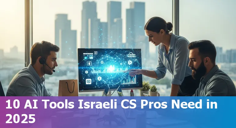 Collage of AI customer support tools logos with Israeli flag and helpdesk icons, showing chat, order actions and analytics.