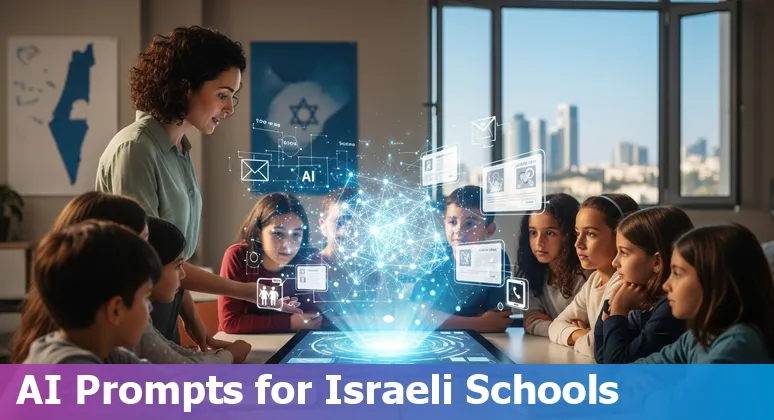 Israeli classroom with teacher and students using AI tools on tablets showing Hebrew, Arabic and English interfaces