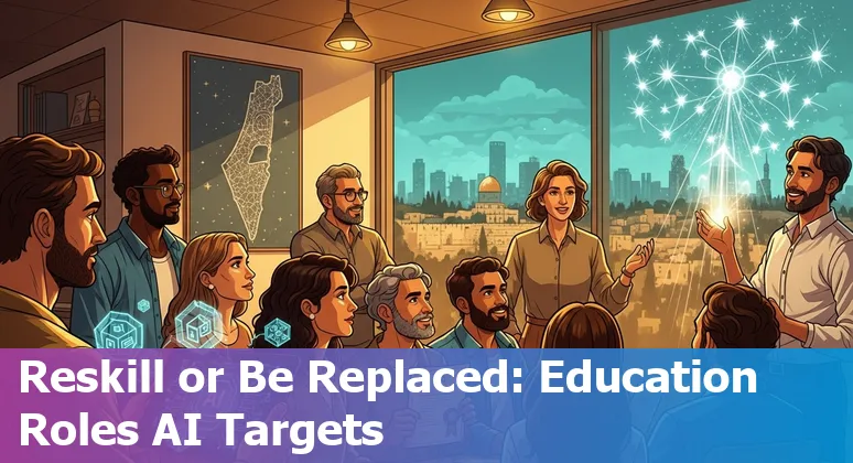 Israeli school staff and teachers with AI icons overlay indicating automation risk and reskilling opportunities