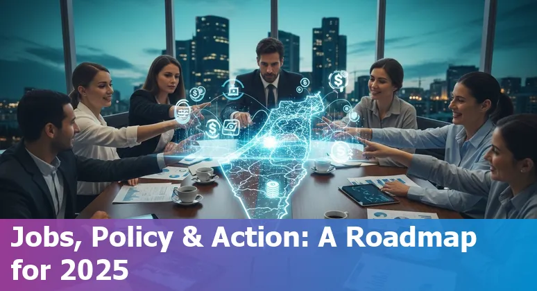 Graphic showing AI transforming finance jobs in Israel with charts, professionals and Tel Aviv skyline