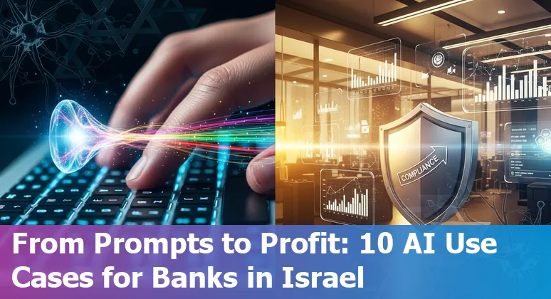 Graphic showing AI in Israeli financial services: fraud detection, KYC, robo-advice, risk models, and secure LLM deployment.
