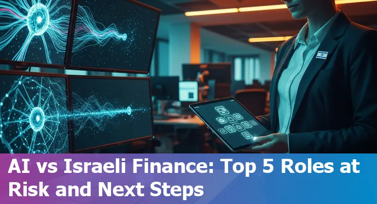 Israeli financial professionals — trader, analyst, broker, accountant and compliance officer — adapting to AI in an office setting.