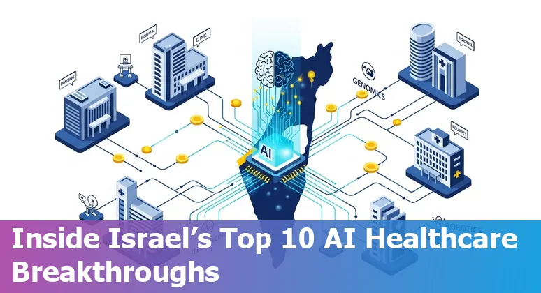 Collage of Israeli healthcare AI: CT scan, pregnancy monitor, wound imaging, embryo image, Syqe inhaler and company logos