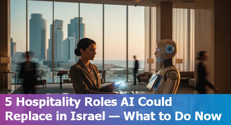 Hotel front desk with a self‑service kiosk and a receptionist using a tablet, illustrating AI impact on hospitality jobs in Israel