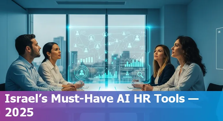 Israeli HR team reviewing top AI HR tools on laptop with org chart and compliance icons.
