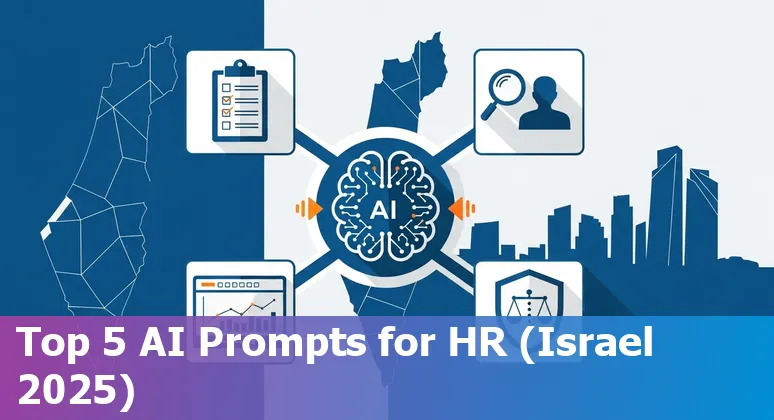 Israeli HR team using AI prompts on a laptop with Tel Aviv skyline in the background