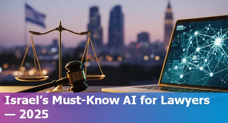 Collage of AI legal tools logos with Israeli flag elements and a lawyer using a laptop