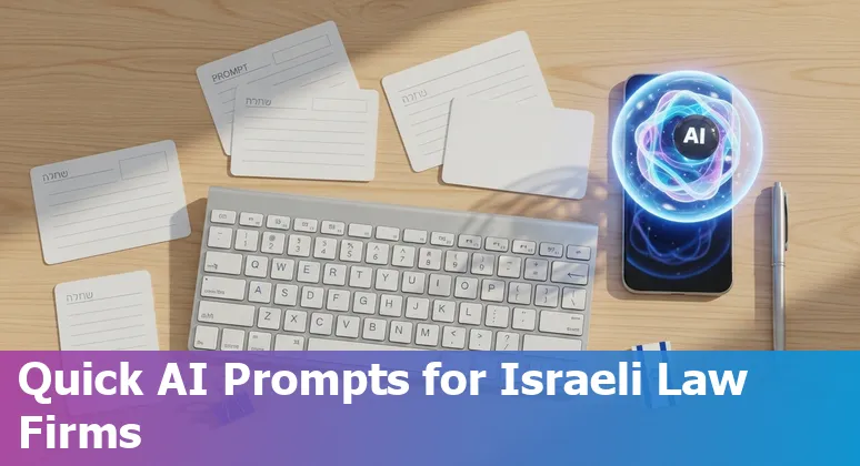 Laptop showing AI prompt templates for Israeli lawyers with contract excerpts in Hebrew and English