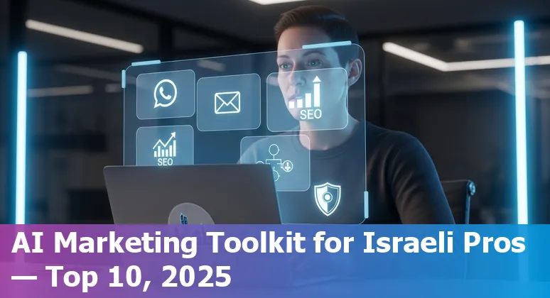 Illustration of Israeli marketer using AI tools like Jasper, MarketMuse, ManyChat, HubSpot and Acrolinx on a dashboard