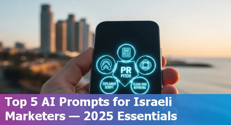 Israeli marketing team using AI prompts on laptop with Tel Aviv skyline in background
