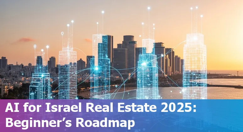 Illustration of AI applications in Israel real estate market 2025 with Tel Aviv skyline and AI icons in Israel