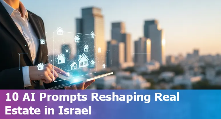 Illustration of AI tools applied to Israeli real estate: listings, contracts, chatbots, and site inspections.