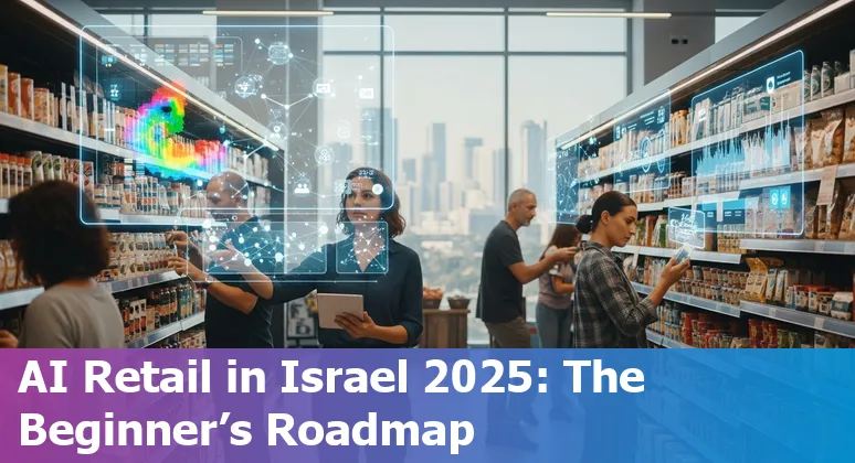 Retail AI in Israel 2025: Israeli store with AI-powered displays and Tel Aviv skyline in the background