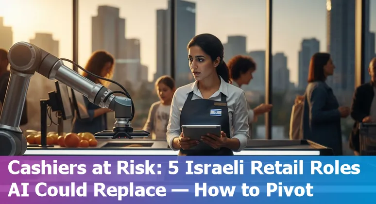 Retail worker using self-checkout with AI analytics dashboard overlay in an Israeli store