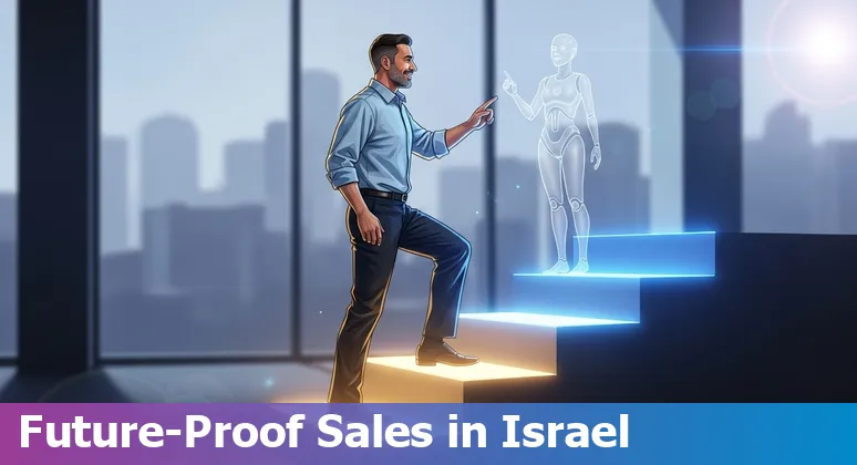 AI augmenting a sales team in Israel, Tel Aviv office with Hebrew CRM on screen
