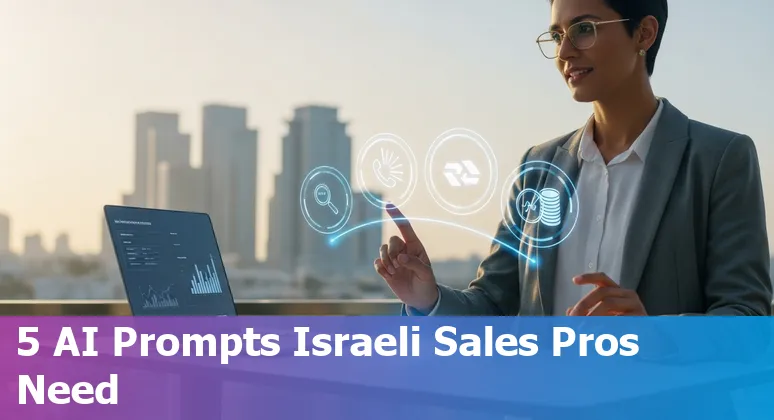 Sales professional using AI prompts on laptop with Israeli flag icon and sales dashboard