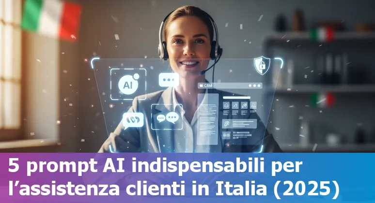 Agente di customer service italiano che usa AI sul laptop con schermate di prompt e trascrizioni