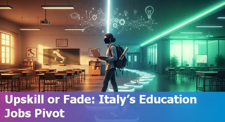 Italian school staff and teachers with AI icons overlay, representing jobs at risk and adaptation strategies