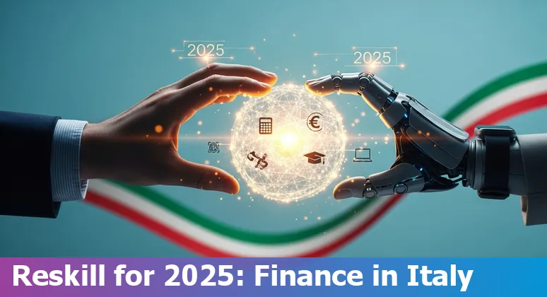 Illustration of finance professionals and AI tools in an Italian bank setting in Italy