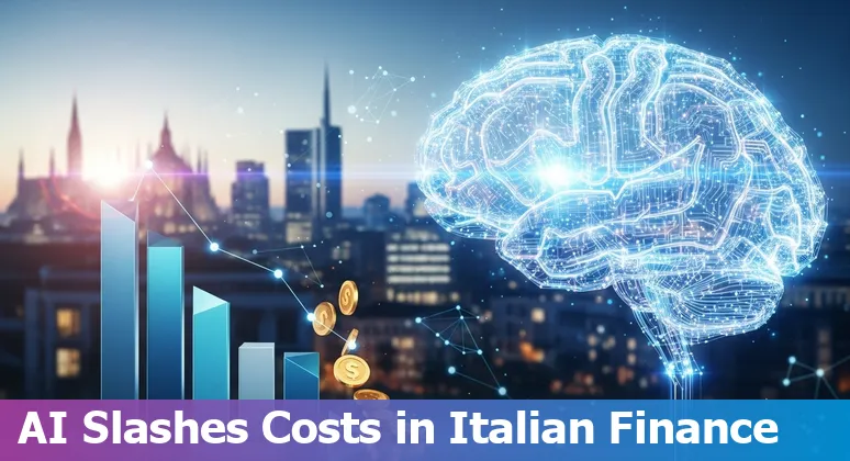 Illustration of AI improving banking efficiency in Italy with charts and the Italian flag