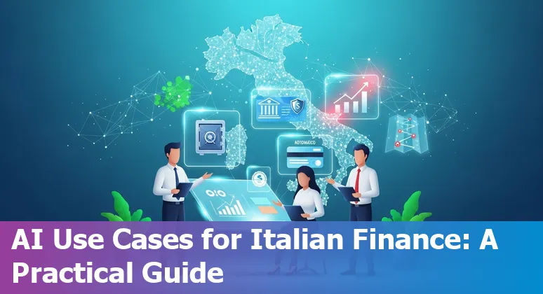 Graphic showing AI in Italian financial services with Milan skyline and data charts, Italy