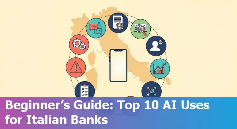 Illustration of AI in Italian finance: bank logos, data charts and a virtual assistant icon.