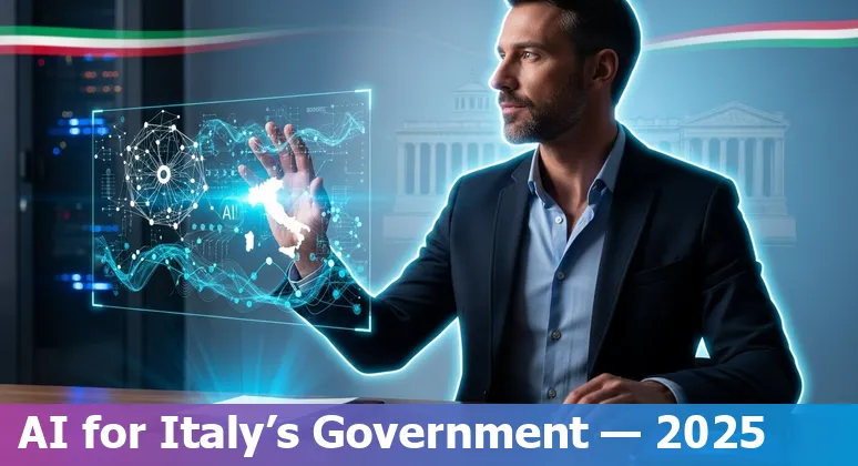 Illustration of AI in Italian government 2025 showing Italy flag, supercomputer and public administration icons