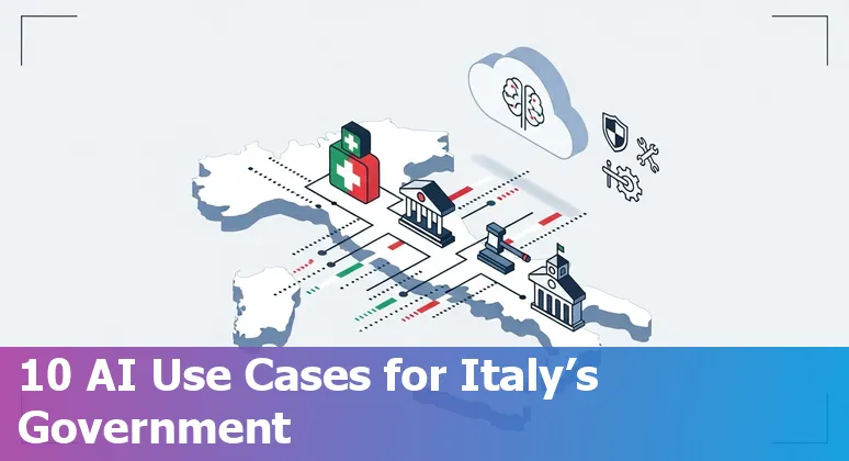 Illustration of AI use cases in the Italian public sector: chatbots, urban mapping, healthcare scheduling, cybersecurity and training.