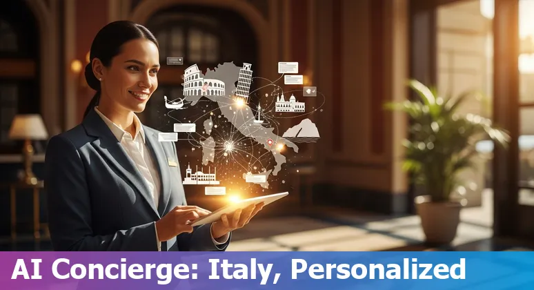 Collage showing AI tools for Italian hospitality: itinerary on a tablet, chatbot, revenue chart, facial recognition, and VR tour in a Venetian palazzo.