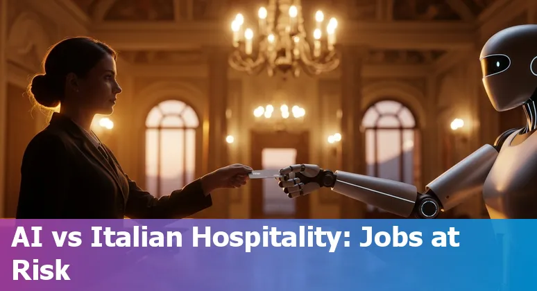 Italian hotel lobby with a receptionist, a self-checkin kiosk and a smartphone mobile key on screen