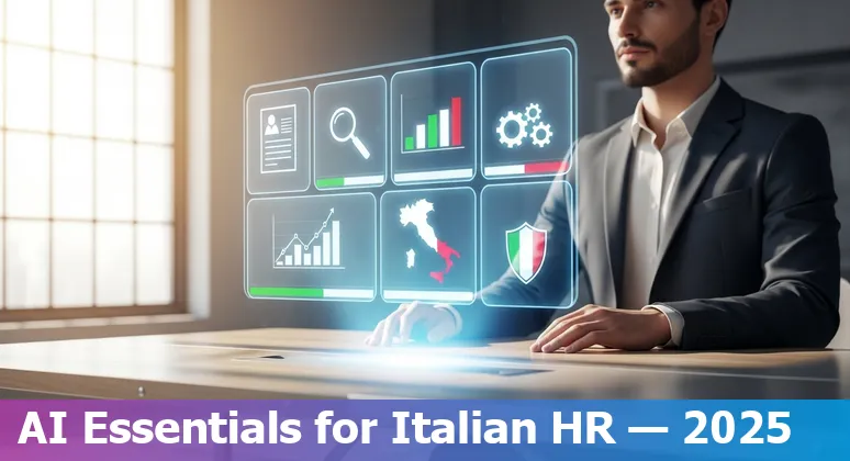 HR professionals in Italy using AI tools on laptops with an Italian map and GDPR shield