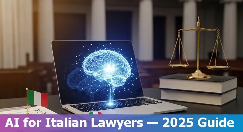 Legal professional in Italy reviewing AI compliance documents with Italian flag and legal books in 2025