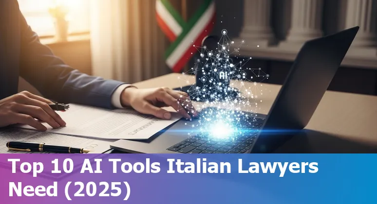 Italian lawyer using AI tools on a laptop, legal documents and Italy flag in the background