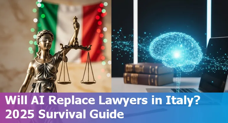 Lawyer using AI tools with Italian flag and court building in Italy, symbolising AI's impact on legal jobs in Italy