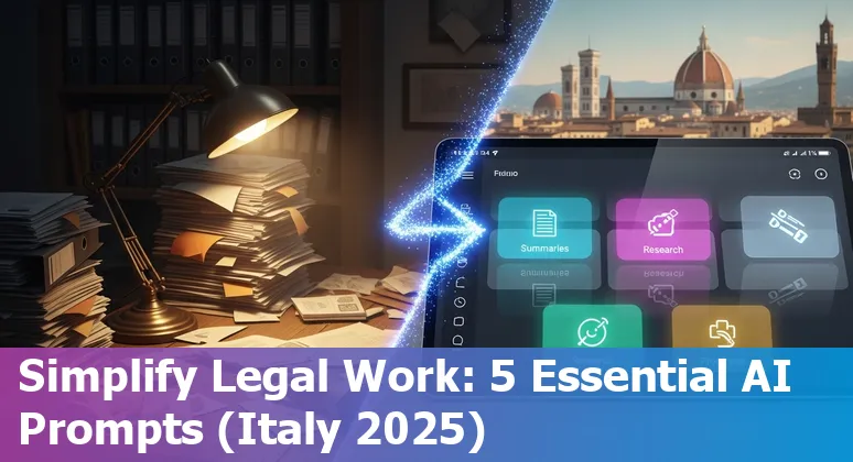 Italian lawyer using AI on a laptop to draft contracts, with Italian legal texts and a coffee cup on the desk.