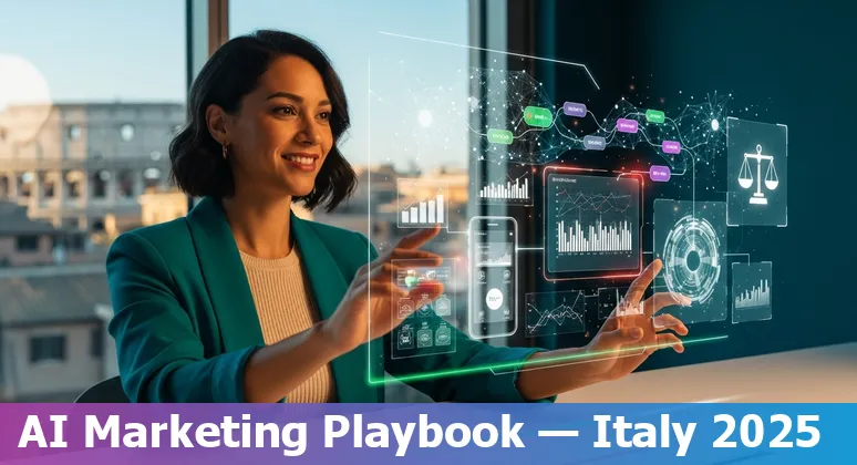 Marketing professional using AI tools and compliance documents in Italy 2025