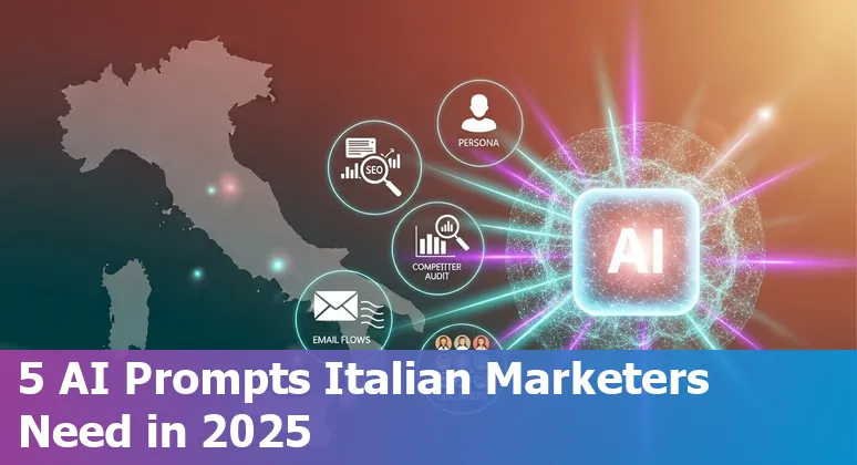 Illustration of five AI prompt cards for Italian marketing: persona, SEO calendar, competitor audit, email sequence, and influencer brief.