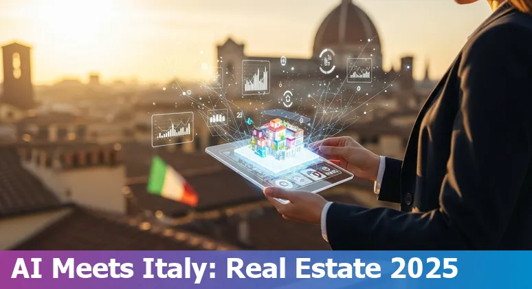 AI and real estate in Italy 2025: Rome skyline with AI data overlays, illustrating Italy market, AI use cases and legal context
