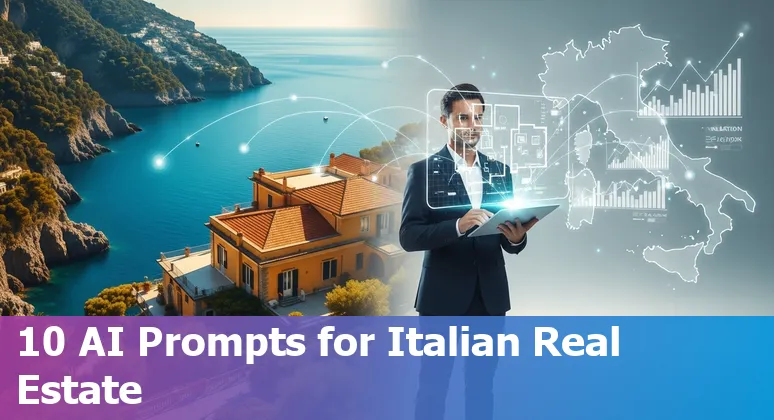 Italian real estate agent using AI tools on a laptop showing property data and chat assistant