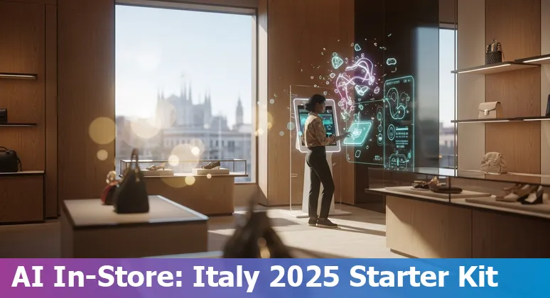 Illustration of AI in Italy retail 2025 showing stores, data flows and compliance icons in Italy