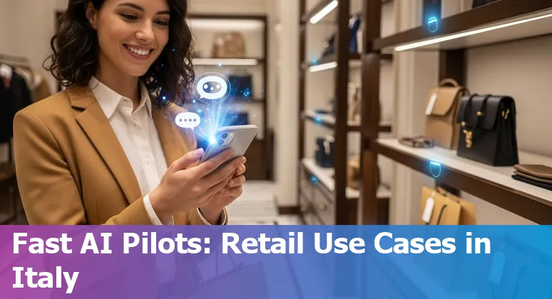 Illustration of AI-powered retail in Italy: shoppers, AR mirror, cashierless checkout and data dashboards with Milan skyline.