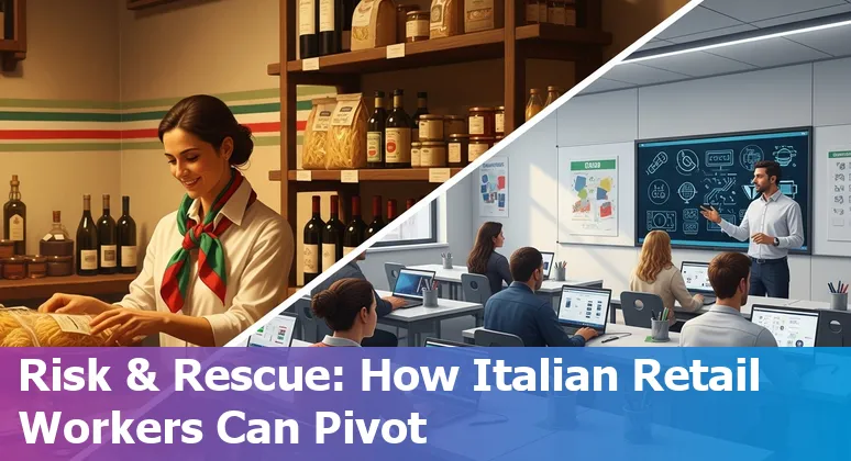 Retail worker in Italy training on a tablet near self‑checkout machines, learning AI tools.