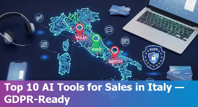 Italian sales professional using AI sales tools on a laptop with icons of Cognism, Salesforce, HubSpot and Pipedrive and an Italian flag