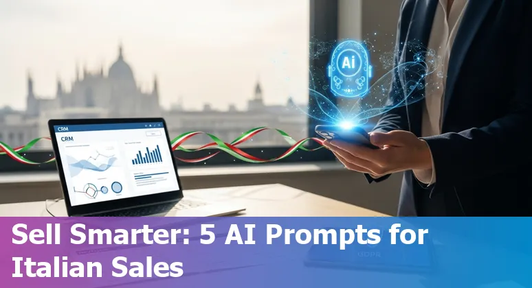 Sales professional in Italy using AI prompts on a laptop, showing Italian prompts and GDPR icons