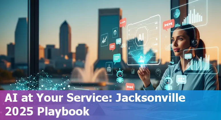 Customer service agent using AI tools on a laptop in Jacksonville, Florida skyline visible, illustrating AI for Jacksonville customer service in 2025
