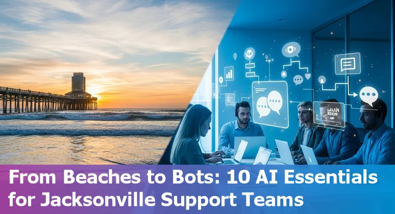 Customer service agent using AI tools dashboard with Jacksonville skyline in background