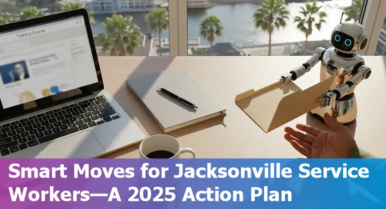Customer service agent and AI icons overlayed on a Jacksonville, Florida skyline, illustrating AI and jobs
