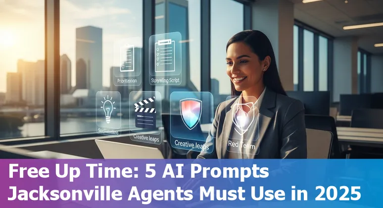 Customer service agent in Jacksonville using AI prompts on a laptop, with city skyline and port in the background.