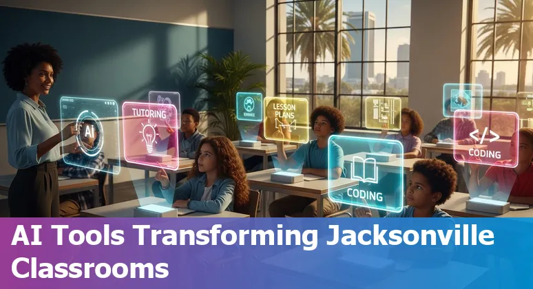 Teacher using AI on a laptop with Jacksonville skyline in the background, showing lesson plans and prompts.